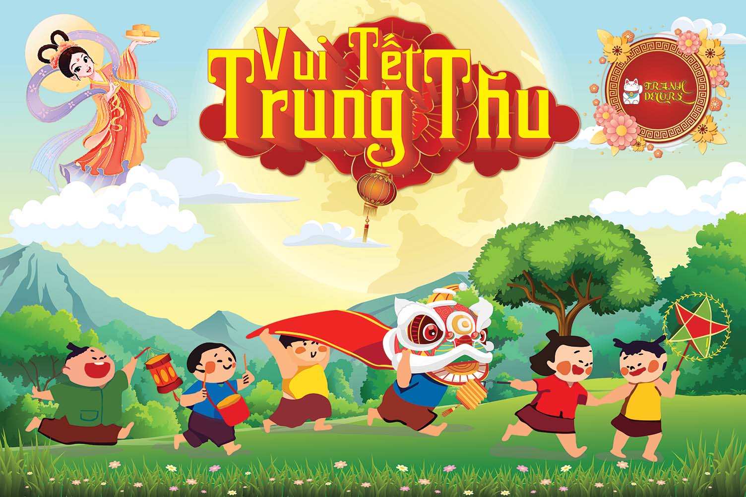 Mẫu backdrop vui Tết Trung Thu, tặng phông chữ 2 Mẫu backdrop vui Tết Trung Thu đẹp