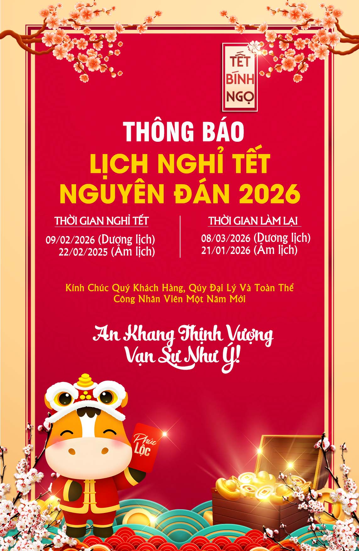 Mẫu poster thông báo lịch nghỉ Tết Nguyên Đán 2026 2 Mẫu poster thông báo lịch nghỉ Tết Nguyên Đán 2026