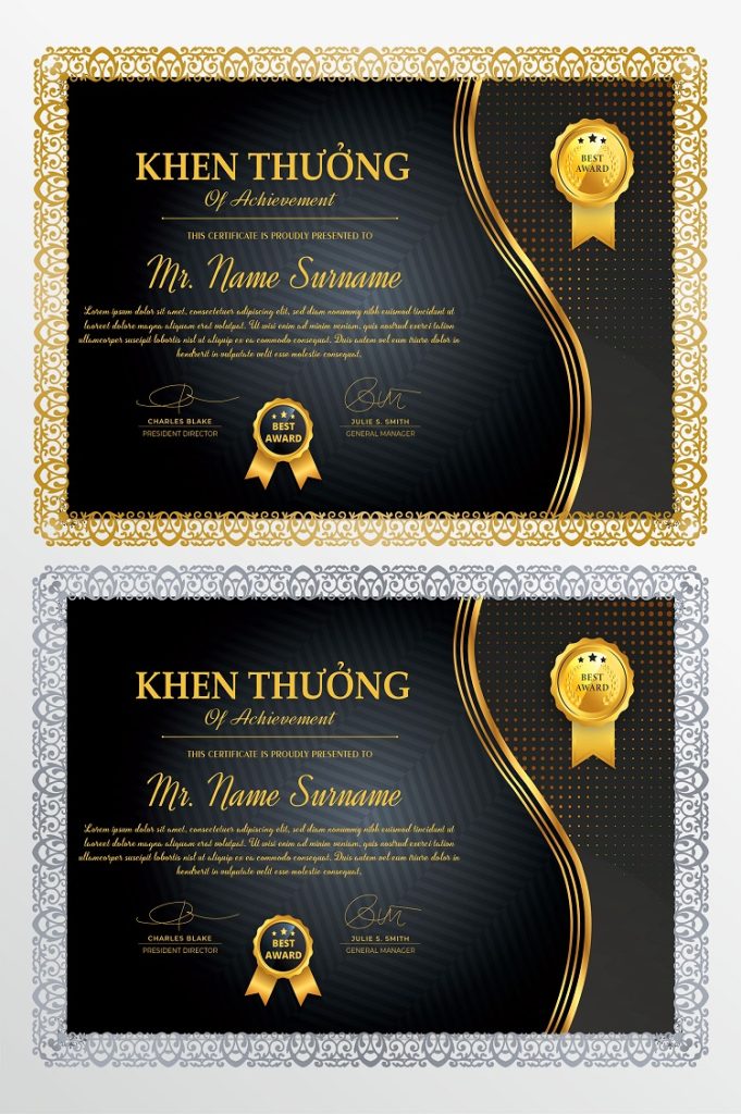 Mẫu vector bằng chứng nhận phông đen vàng