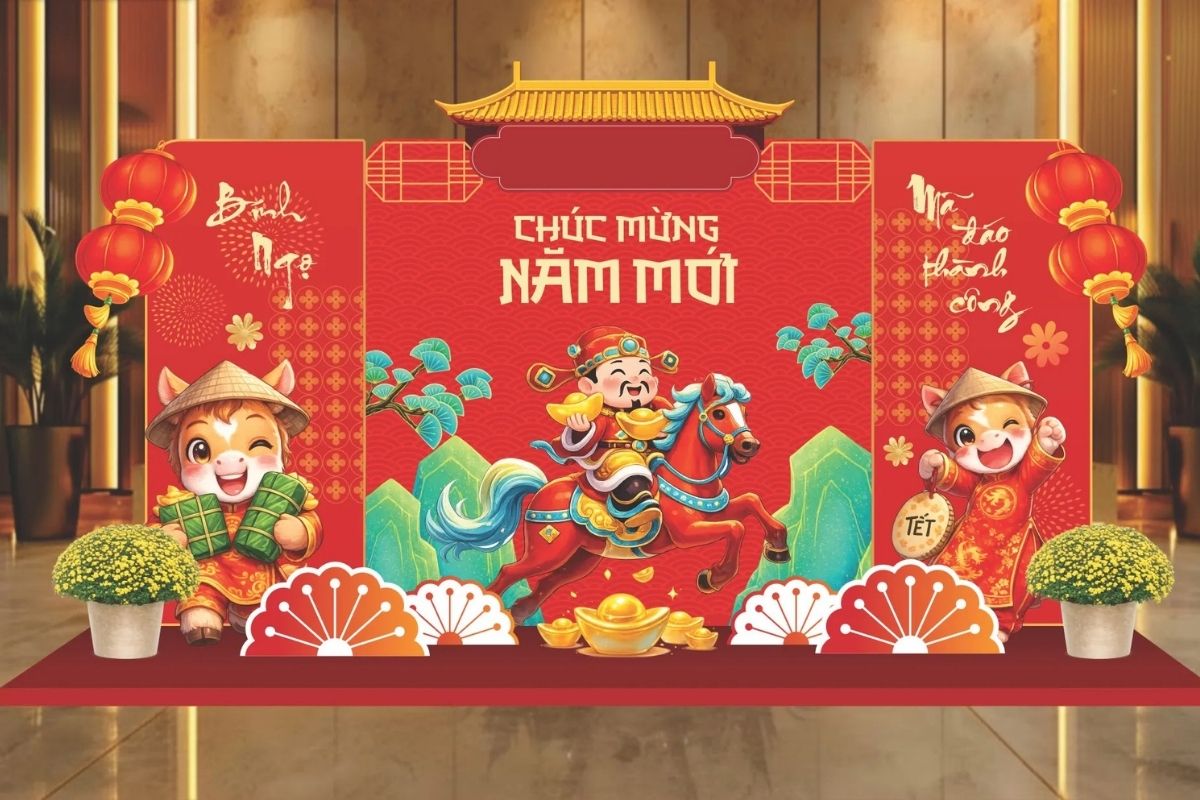 Mẫu corel backdrop trang trí Tết 2026 Mã Đáo Thành Công 2 Mẫu corel backdrop trang trí Tết 2026 Mã Đáo Thành Công