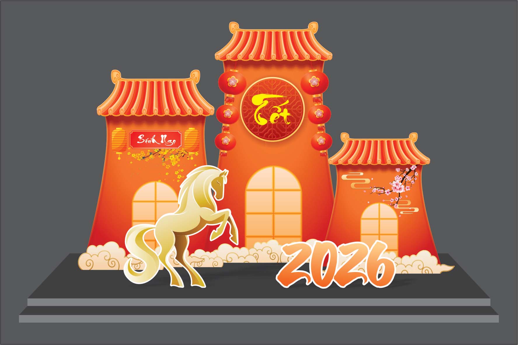 Mẫu vector tiểu cảnh trang trí Tết Bính Ngọ 2026