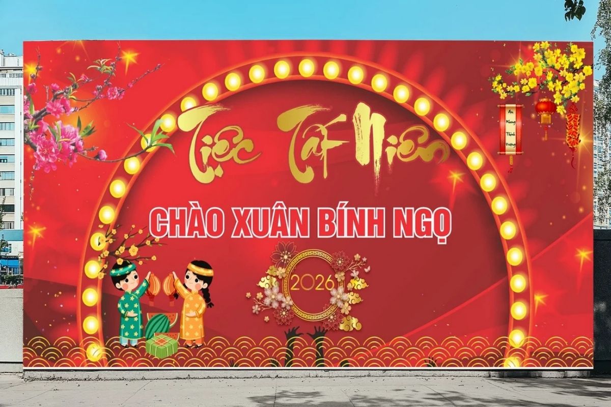 Mẫu backdrop Tiệc Tất Niên Chào Xuân Bính Ngọ