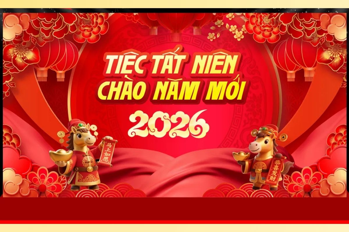 Mẫu banner Tiệc Tất Niên Bính Ngọ 2026 bản corel