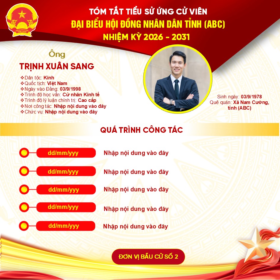Mẫu poster tóm tắt tiểu sử ứng cử viên Đại biểu Quốc hội khoá XVI 3 Poster tiểu sử ứng cử viên Đại biểu Quốc hội khoá XVI (ngang)
