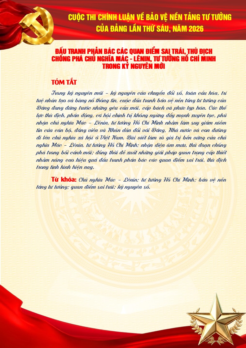 Mẫu bài dự thi chính luận bảo vệ nền tảng tư tưởng của Đảng lần thứ 6 9 Tóm tắt chuyên đề bài dự thi chính luận bảo vệ nền tảng tư tưởng của Đảng lần thứ 6