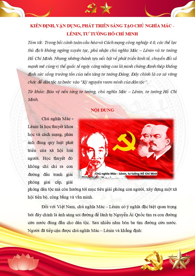 Tóm tắt bài KIÊN ĐỊNH, VẬN DỤNG, PHÁT TRIỂN SÁNG TẠO CHỦ NGHĨA MÁC - LÊNIN, TƯ TƯỞNG HỒ CHÍ MINH