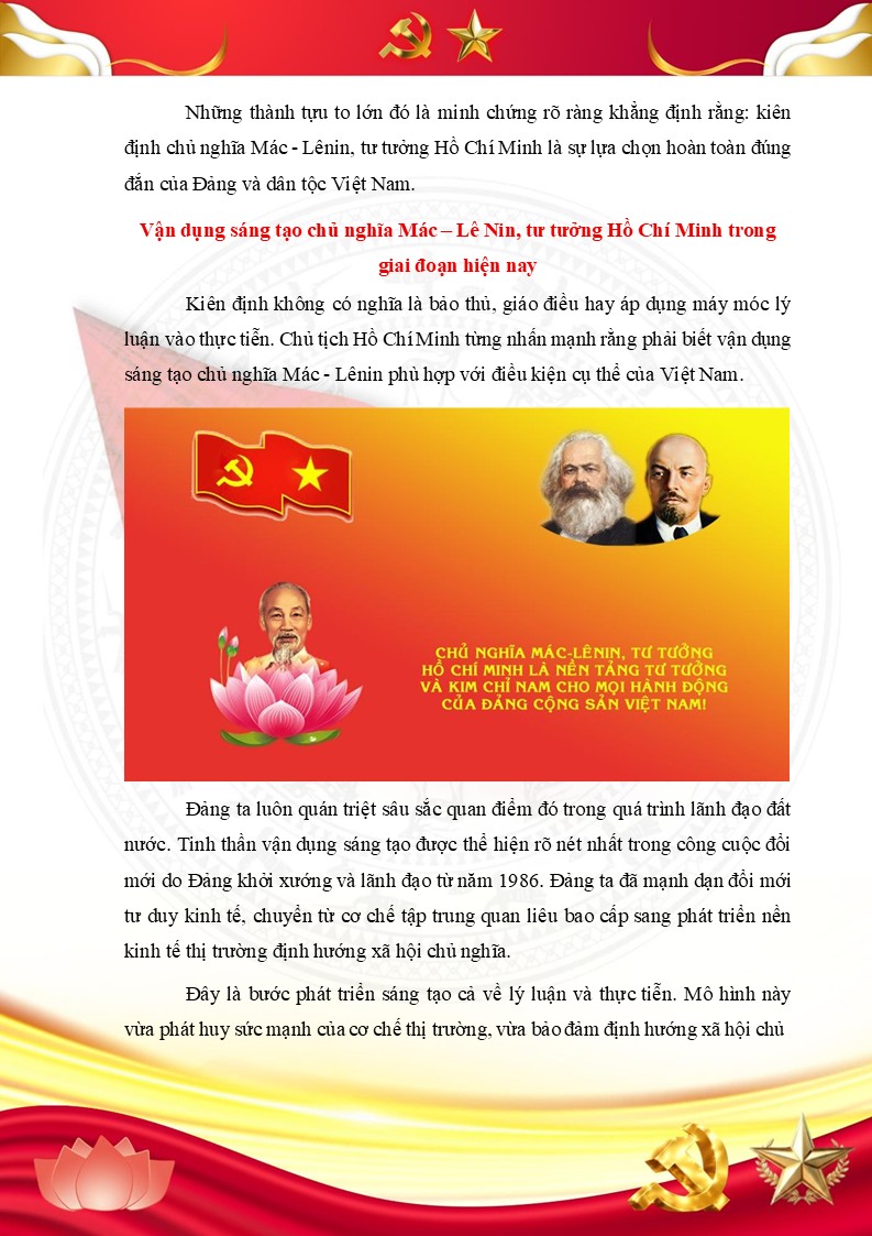 Vận dụng sáng tạo chủ nghĩa Mác - Lênin, tư tưởng Hồ Chí Minh trong giải đoạn hiện nay