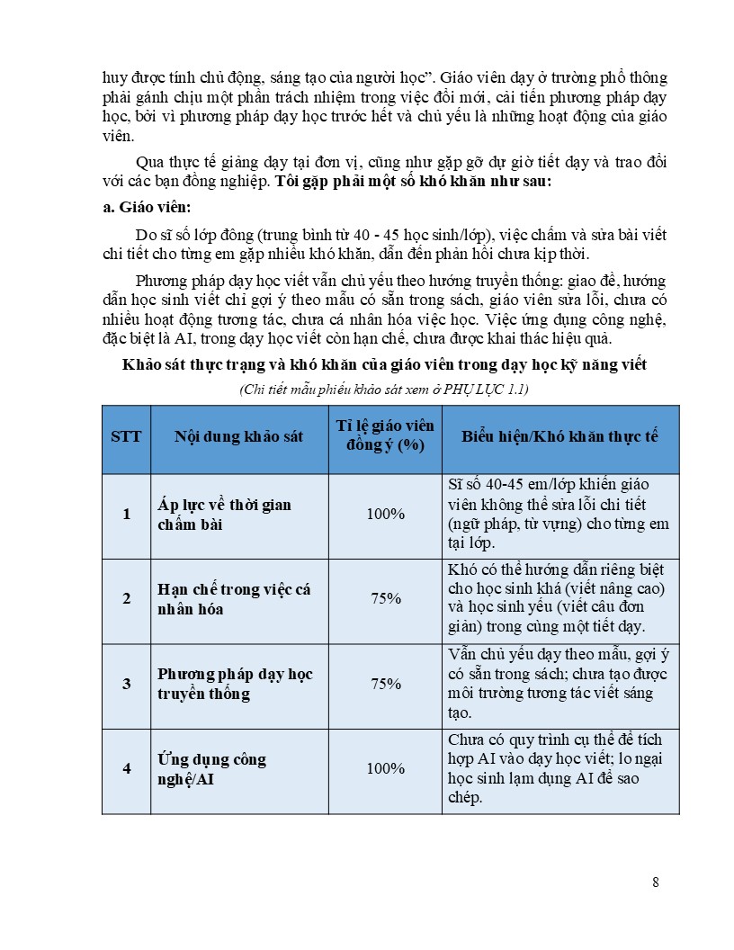 Khảo sát thực trạng và khó khăn của giáo viên trong dạy học kỹ năng viết