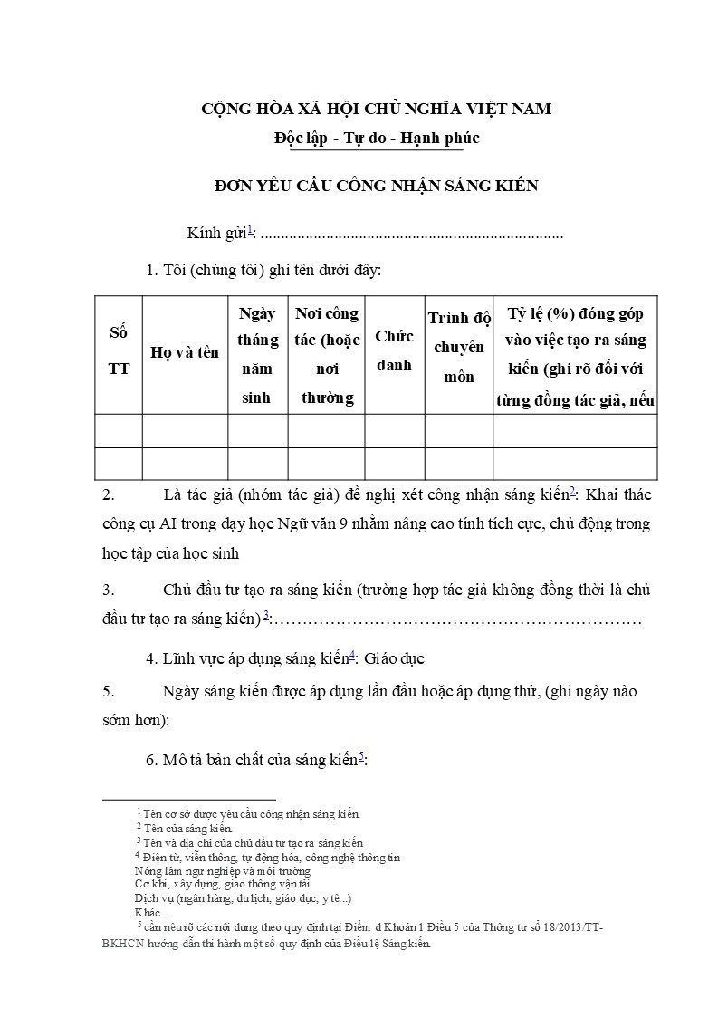 Mẫu đơn yêu cầu công nhận sáng kiến (mẫu số 11)