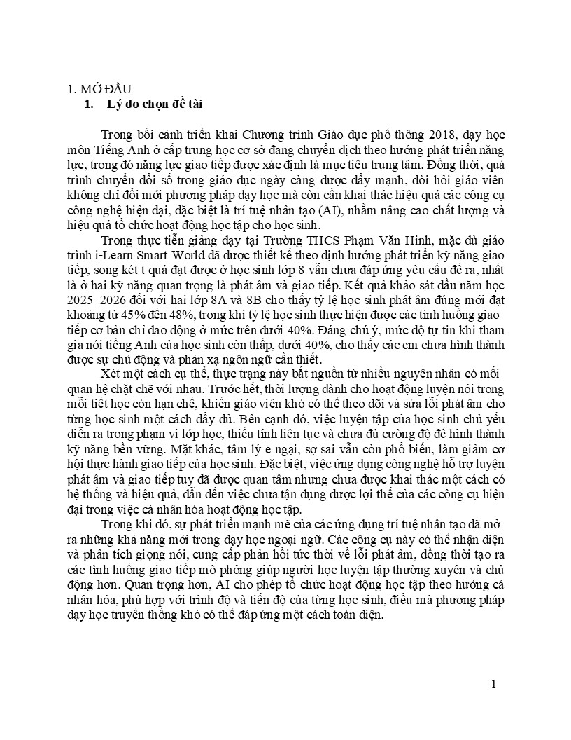 Sáng kiến khai thác một cách có hệ thống và hiệu quả trí tuệ nhân tạo (AI) vào trong giảng dạy tiếng Anh