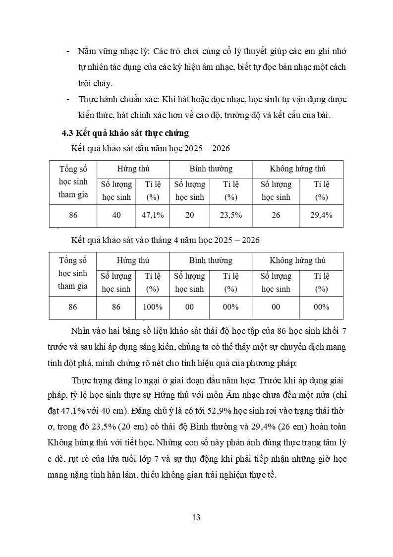 Bản Word sáng kiến kinh nghiệm môn Âm nhạc cấp THCS năm 2026 9 Kết quả khảo sát thực chứng
