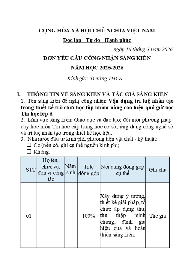 Mẫu sáng kiến kinh nghiệm môn Tin học Trung học Cơ sở năm 2026 7 Mẫu đơn yêu cầu công nhận sáng kiến chuẩn