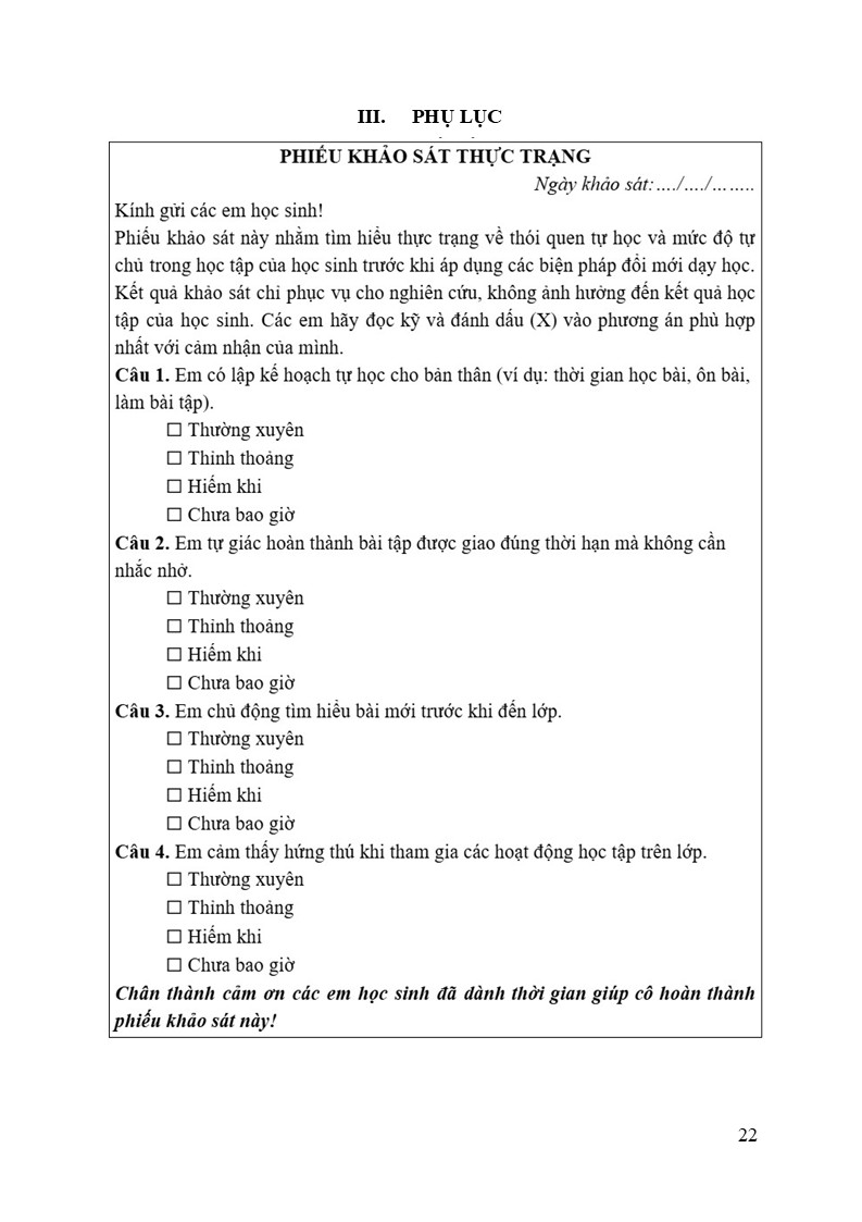 Phiếu khảo sát thực trạng
