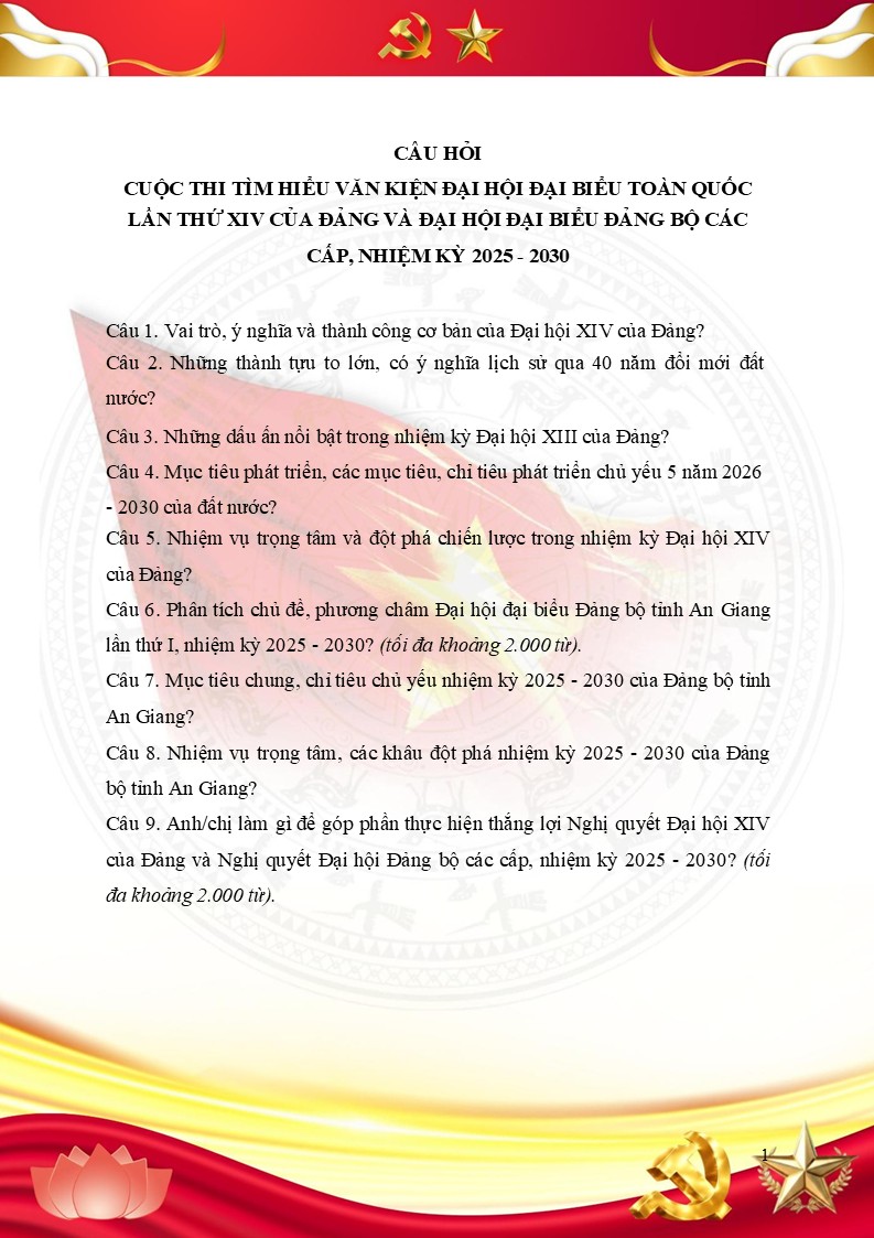 Mẫu bài dự thi tìm hiểu văn kiện Đại hội Đại biểu lần thứ XIV của Đảng 9 Toàn bộ 9 câu hỏi