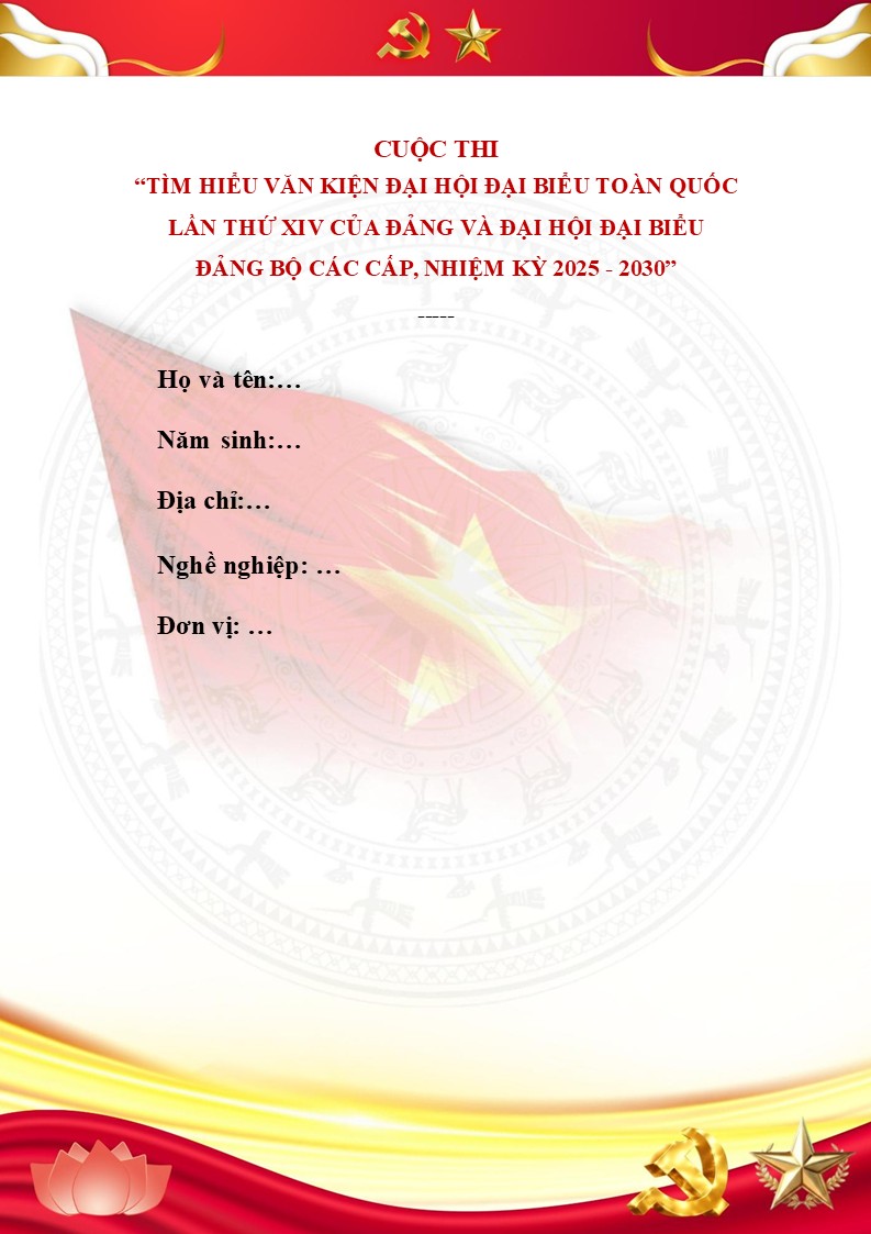 Mẫu bài dự thi tìm hiểu văn kiện Đại hội Đại biểu lần thứ XIV của Đảng 8 Trang điền thông tin của người tham gia thi
