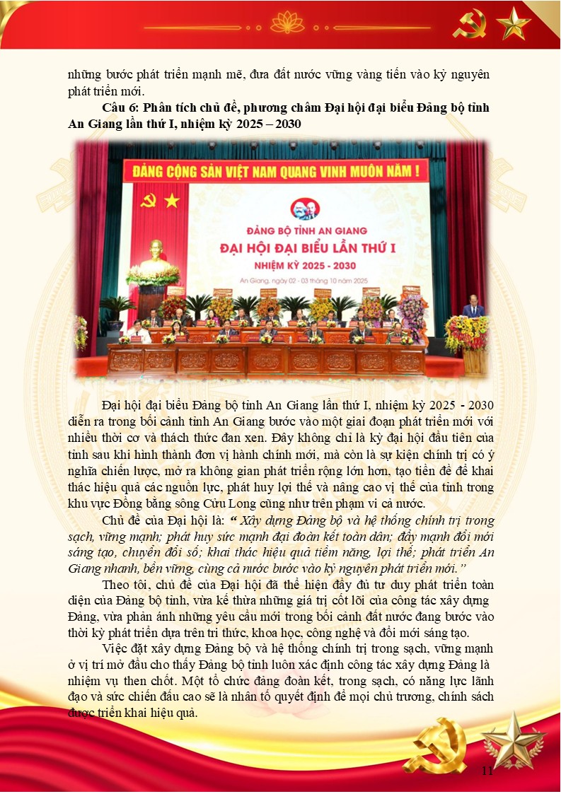 Câu hỏi số 6 Phân tích chủ đề, phương châm Đại hội đại biểu Đảng bộ tỉnh An Giang lần thứ I, nhiệm kỳ 2025 – 2030