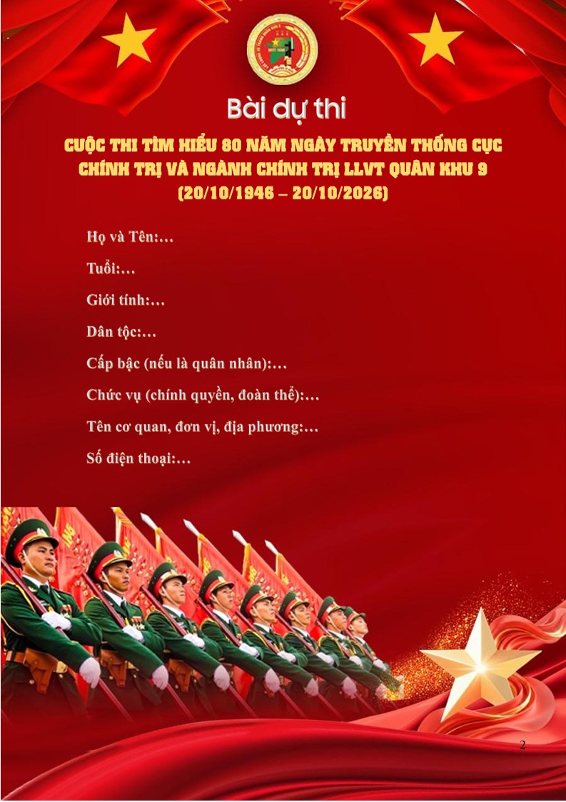 Bài dự thi cuộc thi tìm hiểu 80 năm ngày truyền thống Cục Chính trị và ngành Chính trị LLVT Quân khu 9 8 Form điền thông tin người tham dự