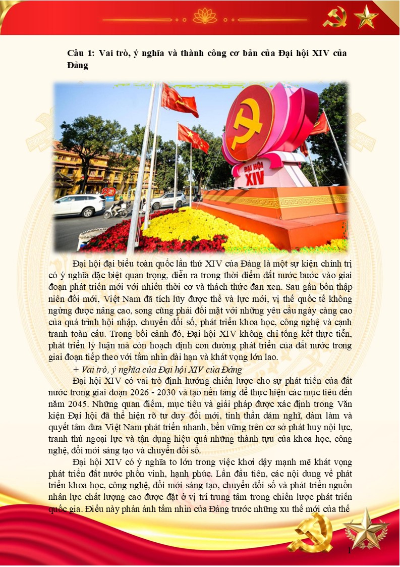 Phần câu hỏi số 1 Vai trò, ý nghĩa và thành công cơ bản của Đại hội XIV của Đảng