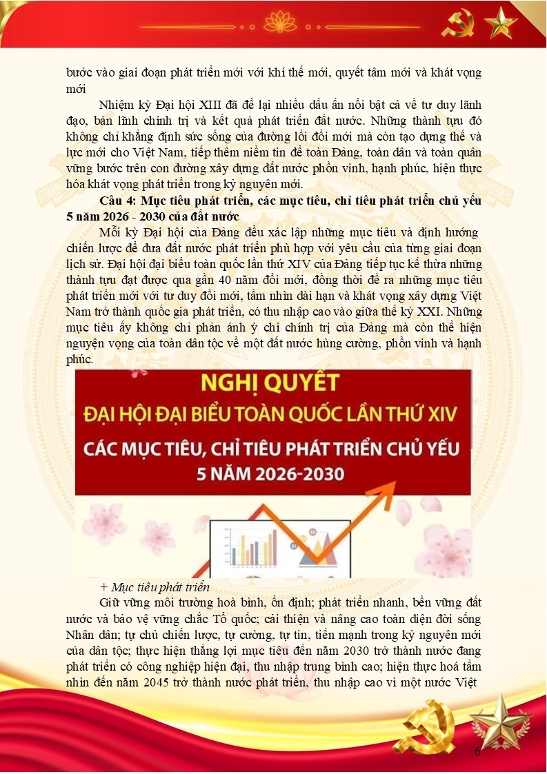 Phần trả lời câu hỏi số 4 Mục tiêu phát triển, các mục tiêu, chỉ tiêu phát triển chủ yếu 5 năm 2026 - 2030 của đất nước