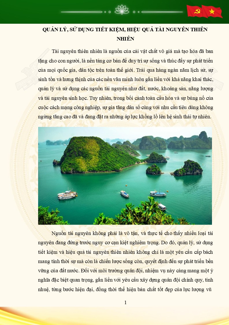 Chủ đề Quản lý, sử dụng tiết kiệm, hiệu quả tài nguyên thiên nhiên