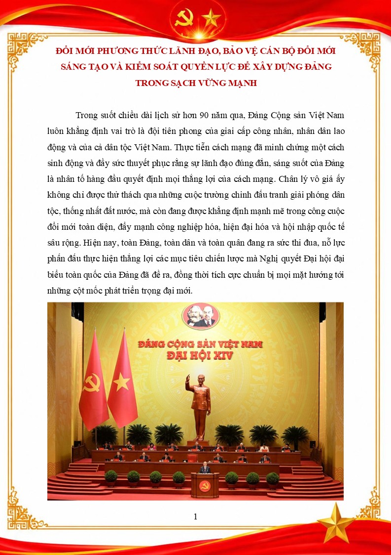 Bài dự thi Giải Búa liềm vàng năm 2026 2 Đổi mới phương thức lãnh đạo, bảo vệ cán bộ đổi mới sáng tạo và kiểm soát quyền lực để xây dựng đảng trong sạch vững mạnh