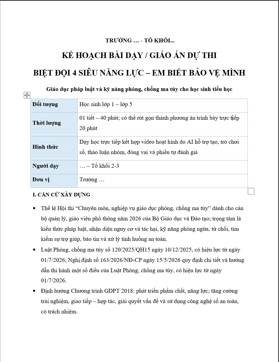 Giáo án kế hoạch bài dạy hội thi phòng chống ma tuý năm 2026 1 Kế hoạch bài dạy hội thi phòng chống ma tuý cho giáo viên phổ thông năm 2026