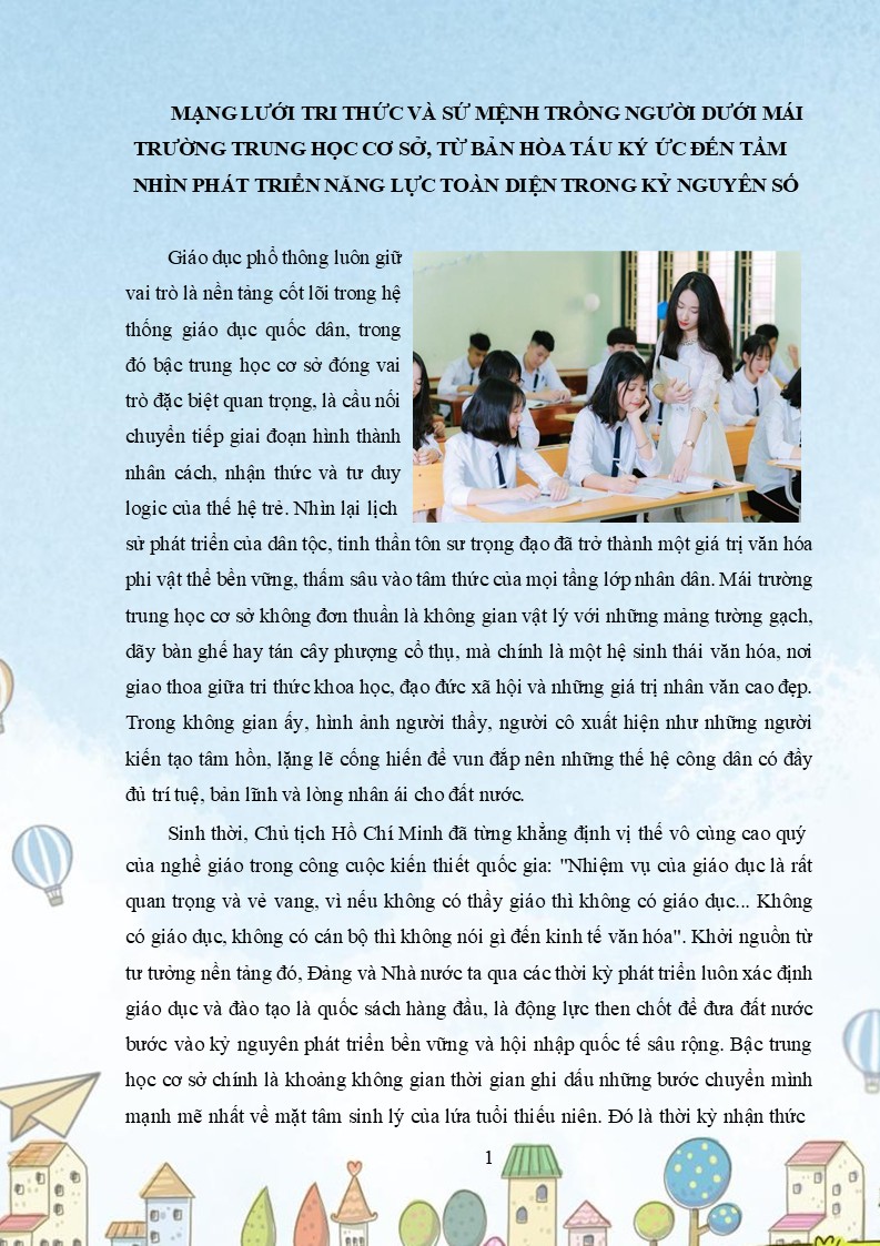 Bài viết dự thi Những kỷ niệm sâu sắc về thầy cô và mái trường năm 2026 2 Chủ đề MẠNG LƯỚI TRI THỨC VÀ SỨ MỆNH TRỒNG NGƯỜI DƯỚI MÁI TRƯỜNG TRUNG HỌC CƠ SỞ