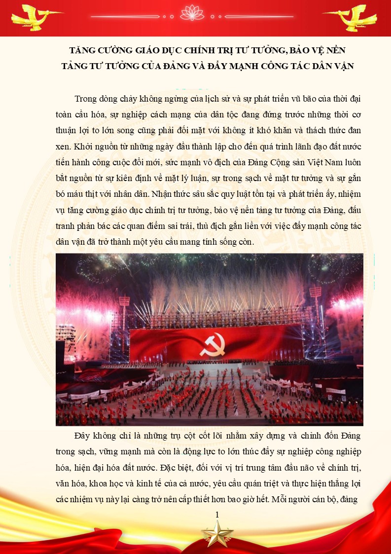 Bài viết dự thi Giải Búa liềm vàng (Giải báo chí về xây dựng Đảng) năm 2026 2 TĂNG CƯỜNG GIÁO DỤC CHÍNH TRỊ TƯ TƯỞNG, BẢO VỆ NỀN TẢNG TƯ TƯỞNG CỦA ĐẢNG